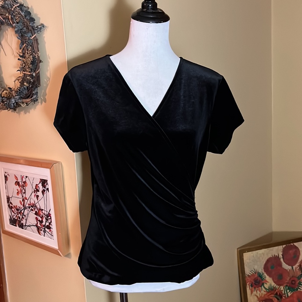 Vtg 90s R&K Events Size 14 Sketchy Velvet Wrap Pullover V-Neck Collar Gather